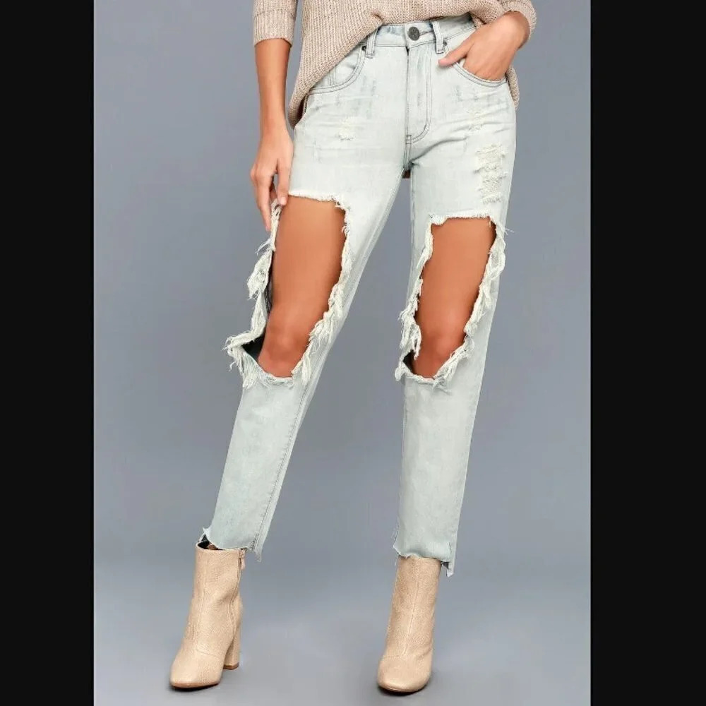 One x One Teaspoon High Waist Awesome Baggies Light Wash Destroyed Jeans - Picture 2 of 11